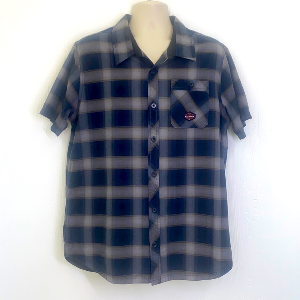 Metal Mulisha - Men’s Button Up Plaid Short Sleeve Navy and Black & Gray Large